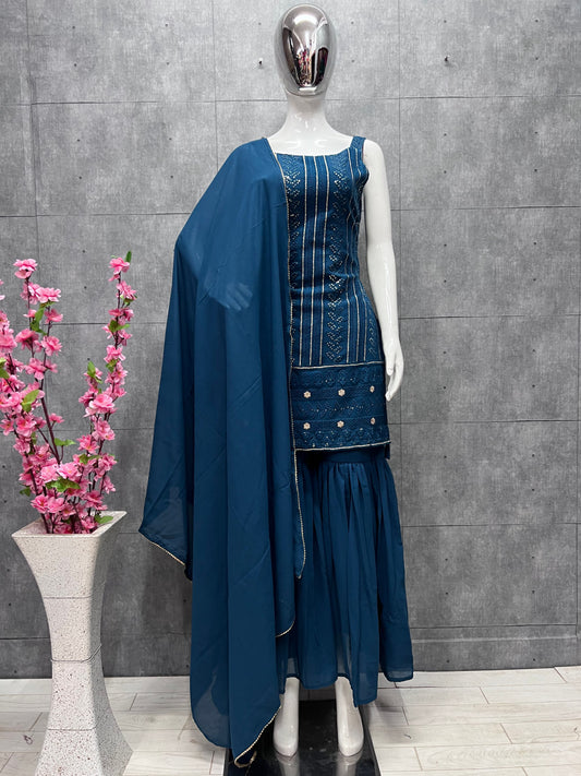 PURE LUKHNOWI KURTA EMBROIDERY COTTON THREAD WOER SEQUENCE WORK SHARARA AND DUPATTA SET