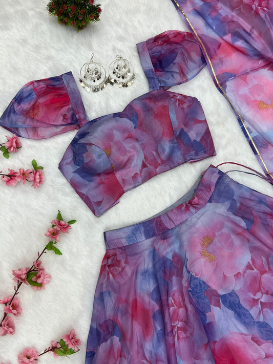 NEW MULTI FLORAL ORGANJA FABRIC LEHENGHA CHOLI FULL STTICHED WITH DUPPTA WITH FANCY BLOUSE FULLY STTICHED