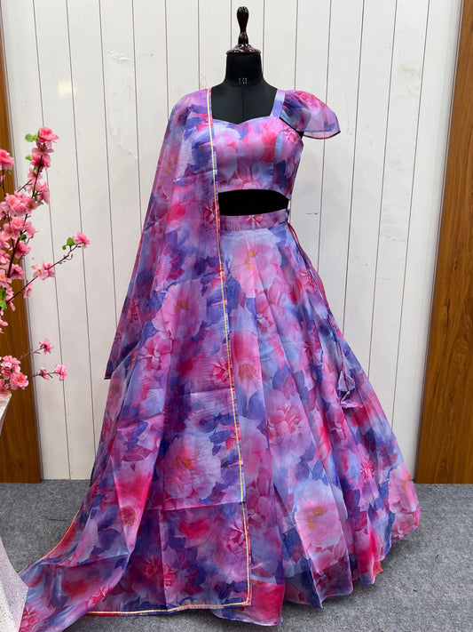 NEW MULTI FLORAL ORGANJA FABRIC LEHENGHA CHOLI FULL STTICHED WITH DUPPTA WITH FANCY BLOUSE FULLY STTICHED