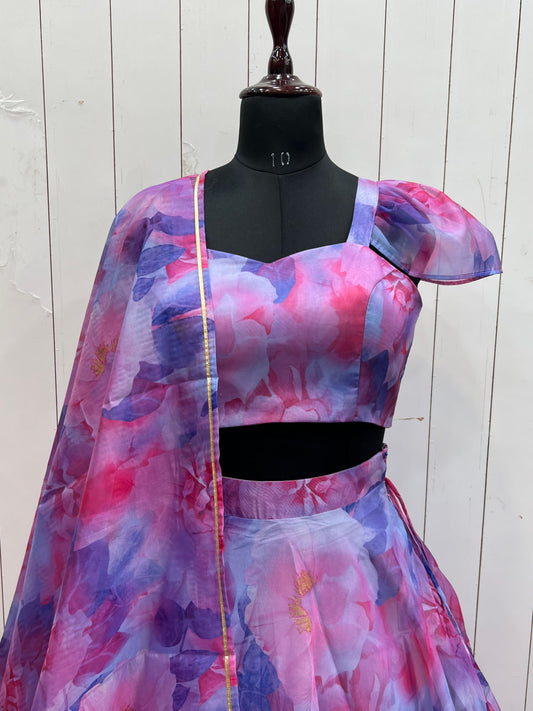 NEW MULTI FLORAL ORGANJA FABRIC LEHENGHA CHOLI FULL STTICHED WITH DUPPTA WITH FANCY BLOUSE FULLY STTICHED