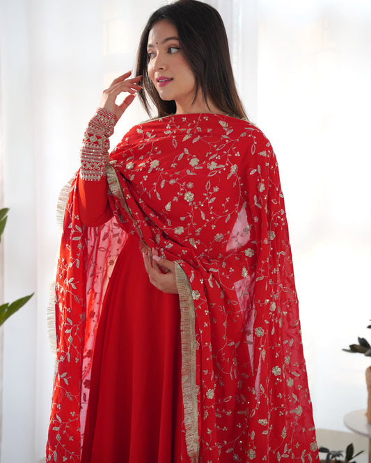 KARVA CHAUTH SPECIAL RED PRESENTING NEW RED GEORGETTE GOWN DUPPTA FULL SET WITH PENT READY TO WEAR