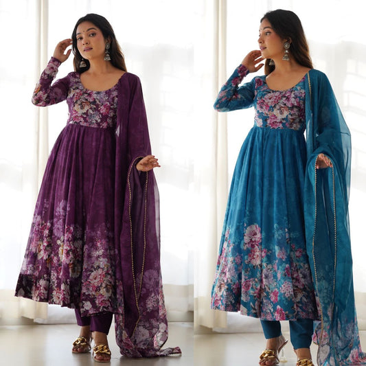 SOFT ORGANJA SILK FABRIC FULLY FLAIR KALI PATTERN AND CANVAS PATTA WITH DUPPTA SET PENT READY TO WEAR