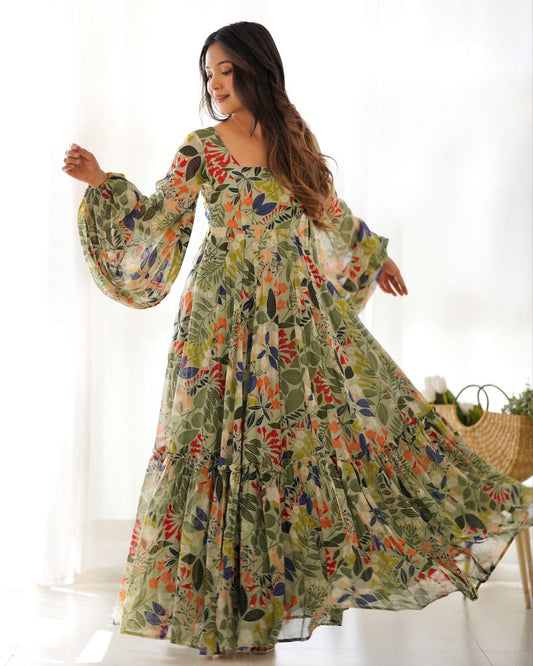 PURE SOFT FOX GEORGETTE FLORAL PRINT FABRIC FULLY FLAIR MAXI,WITH BALLOON READY TO WEAR
