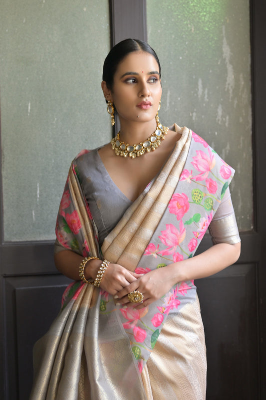 SOFT SILK SAREE WITH PICHWAI LOTUS PRINTED
