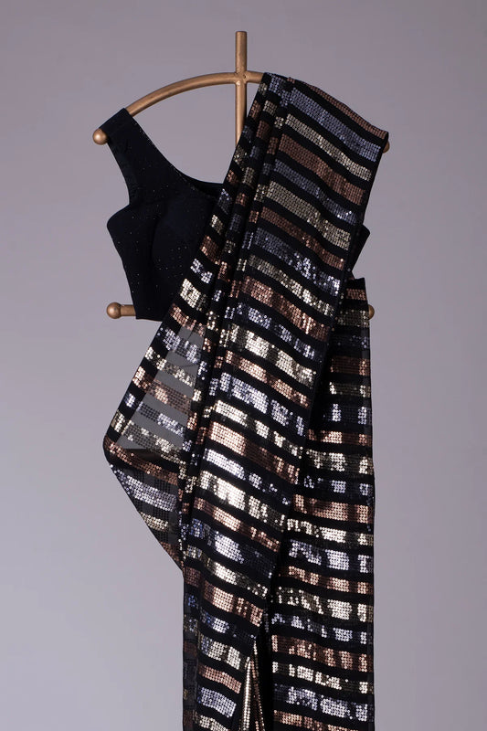 Beautiful Triple Sequence Embroidery Saree