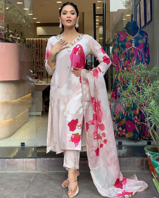 NATURAL CRAPE WITH SEQUENCE CODING EMBROIDERED WORK