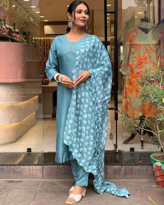 PURE VISCOSE CHANDERI WITH SEQUENCE EMBROIDERY WORK DRESS