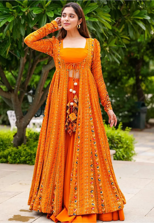 ORANGE THREE PIECES CROP TOP WITH BOTTOM AND SHRUNG