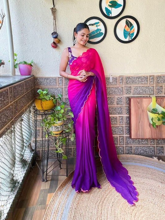 Faux Dual Shaded Georgette fancy saree wit h seqience work fancy blouse