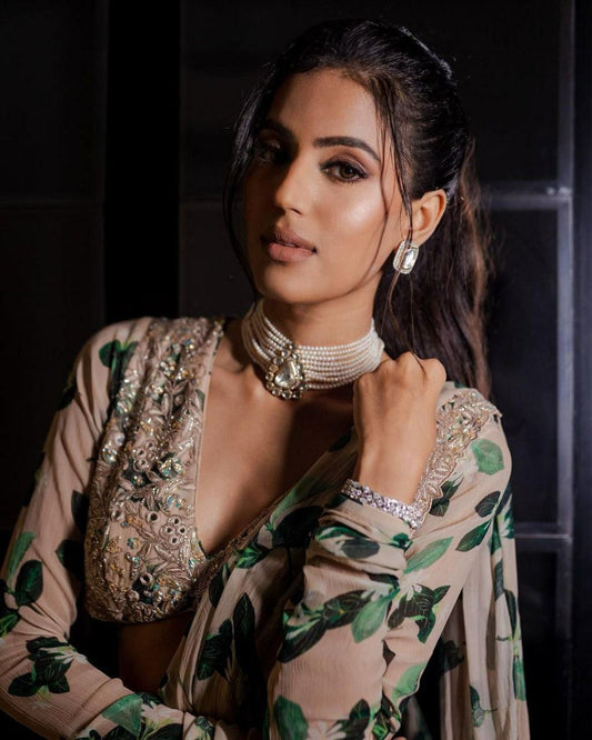 GORGETTE WITH EMBROIDERY SIQUNCE WORK WITH RUFFLE WITH RESA WORK FULLSTITCHID