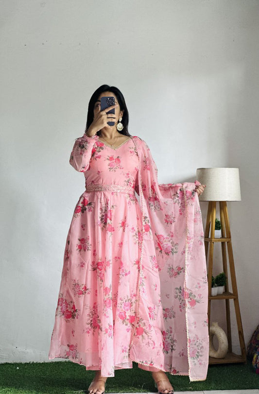 PURE SOFT ORGANJA SILK FABRIC FULLY FLAIR KALI PATTERN GOWN