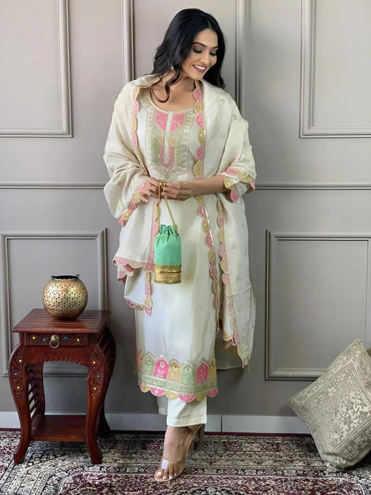 VISCOSE CHANDERI WITH SEQUENCE CODING EMBROIDERY WORK DRESS