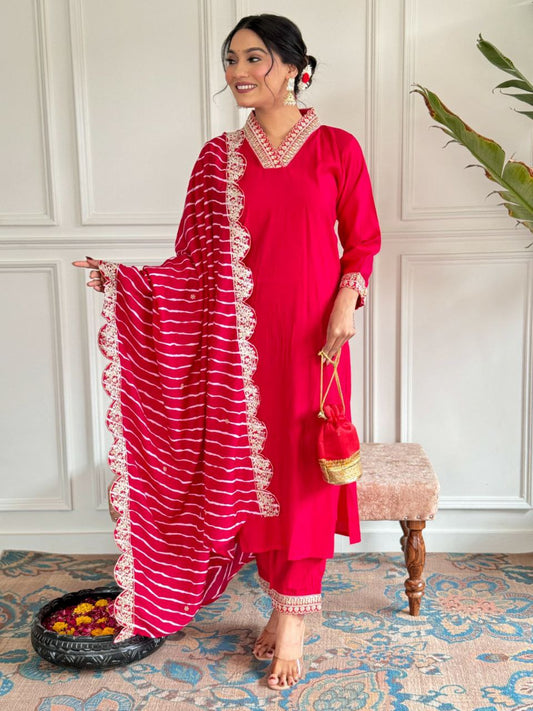 This set features PV CHANDERI with attractive Embroidery Dress