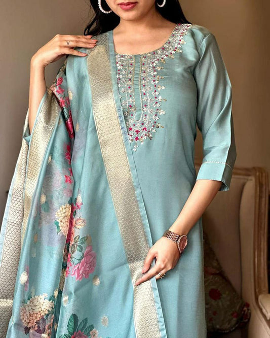 VISCOSE CHANDERI WITH SEQUENCE CODING EMBROIDERY WORK DRESS