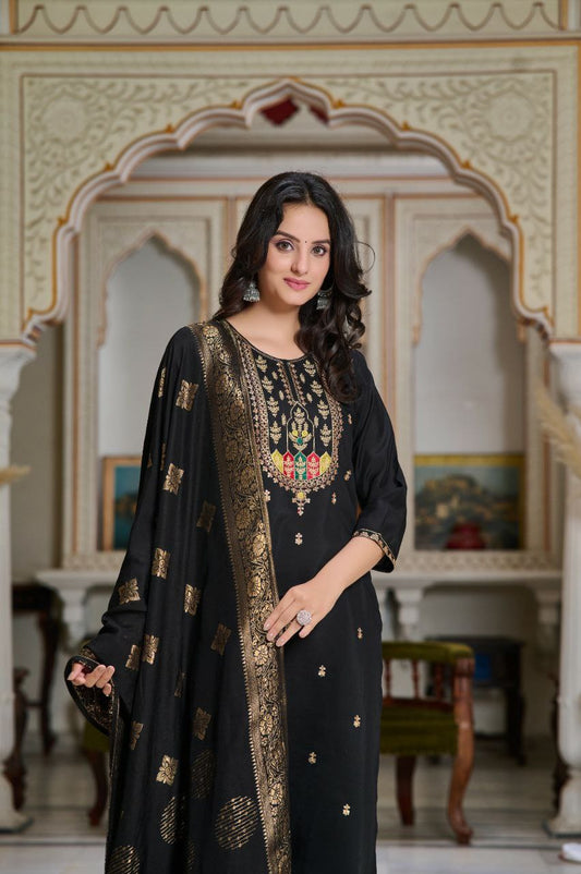 This set features PV CHANDERI with attractive Embroidery