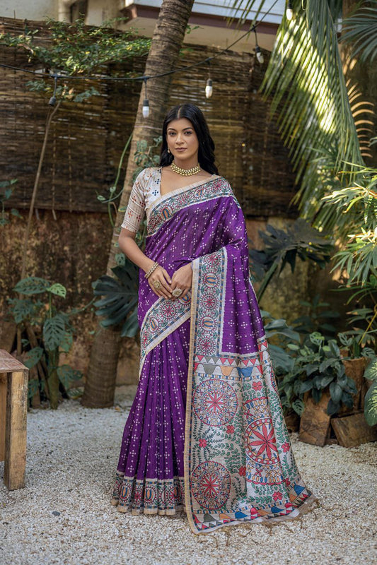 Soft Tussar Silk with beautiful Madhubani print Saree