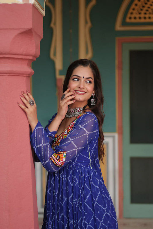 Bandhani Print work with kutchi patchework in Faux Georgette