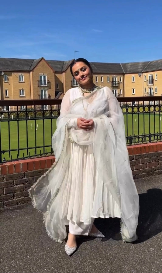 Launching New Party Wear Look: Pur Chinon Silk Fancy Alia Cut Anarkali Gown, Dupatta & Bottom Set