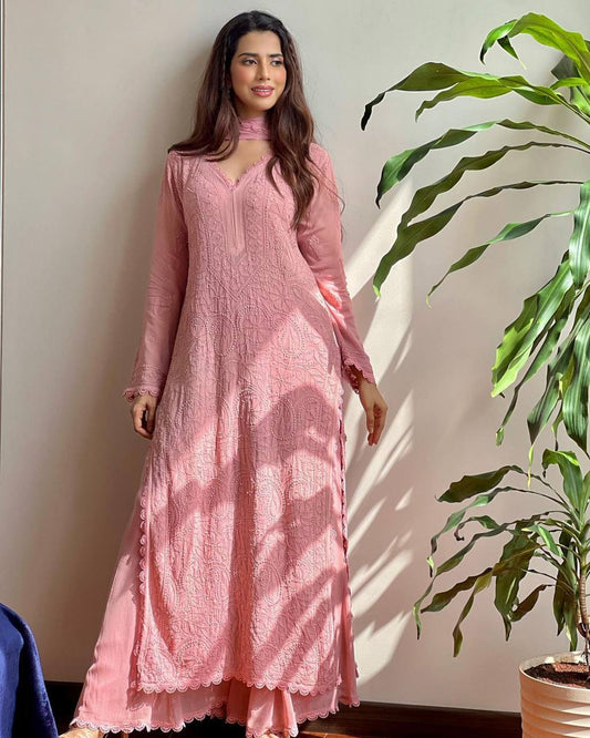 fox georgette Febric with chikankari embroidery