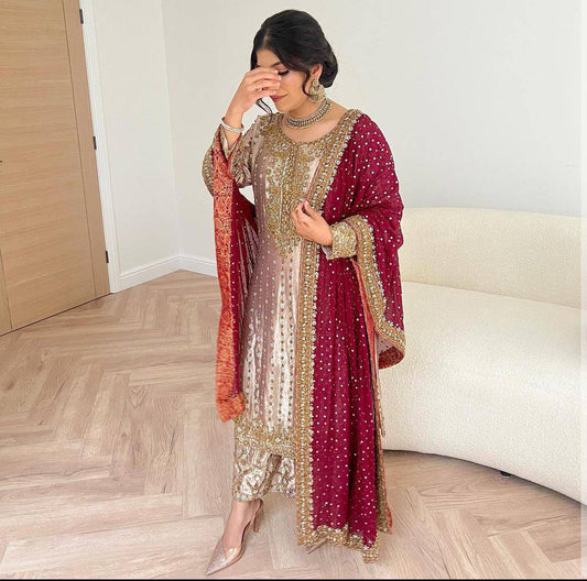 Launching New Super Hit Designer Collection: Fancy Heavy Embroidery with Sequins Work Kurti - Plazzo with Dupatta