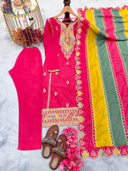 Premium Designer Party Wear: Pure Chinon Silk Top, Palazzo & Multi-Color Dupatta Set