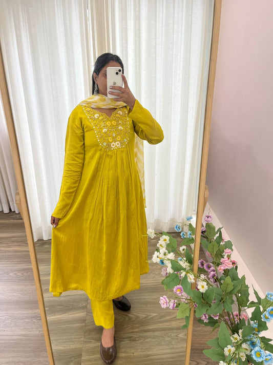 New Party Wear Look: Pure Viscose Muslin Silk Gown, Pant, and Dupatta Set