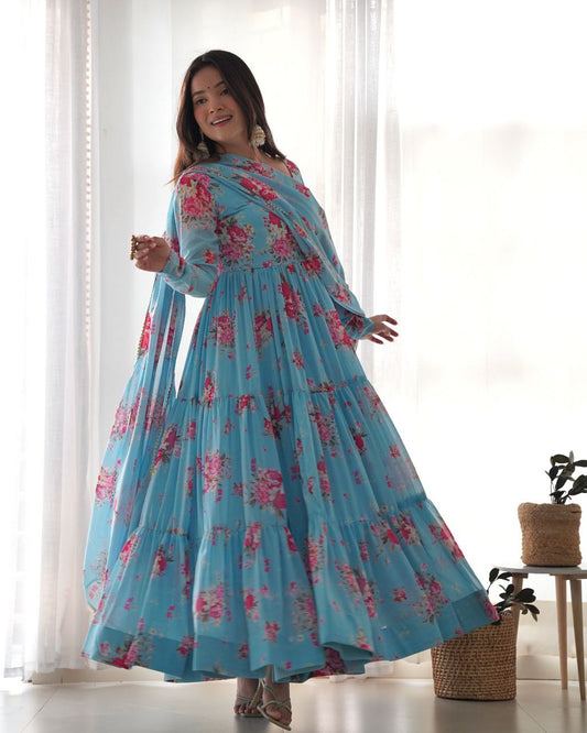 SOFT FOX GEORGETTE FLORAL PRINT FABRIC FULLY FLAIR ANARKALI,WITH DUPPTA SET,PENT READY TO WEAR