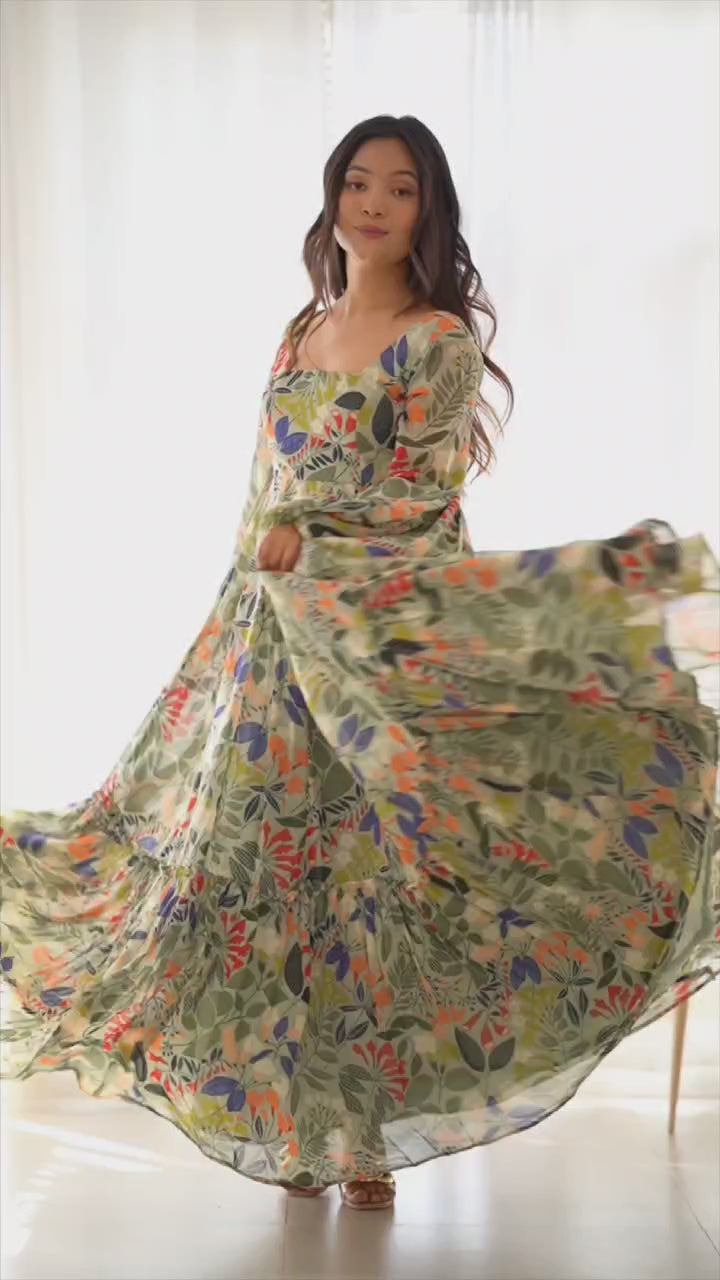 PURE SOFT FOX GEORGETTE FLORAL PRINT FABRIC FULLY FLAIR MAXI,WITH BALLOON READY TO WEAR