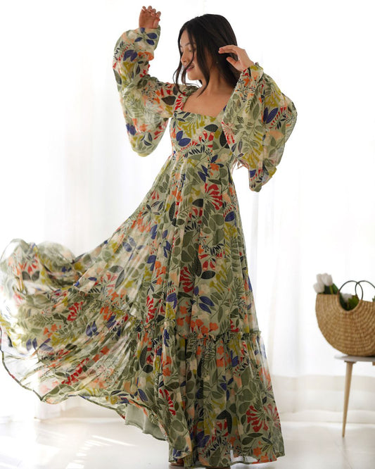 PURE SOFT FOX GEORGETTE FLORAL  PRINT FABRIC FULLY FLAIR MAXI,WITH BALLOON READY TO WEAR