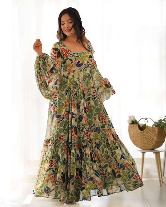 PURE SOFT FOX GEORGETTE FLORAL  PRINT FABRIC FULLY FLAIR MAXI,WITH BALLOON READY TO WEAR