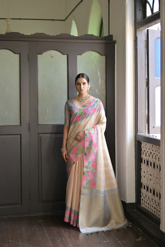 SOFT SILK SAREE WITH PICHWAI LOTUS PRINTED