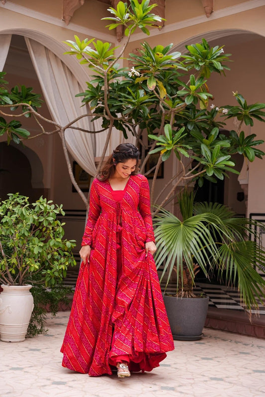 RED DIGITAL PRINTED KOTI STYLE GOWN