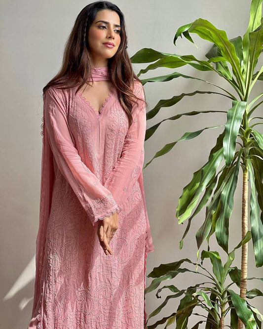 fox georgette Febric with chikankari embroidery