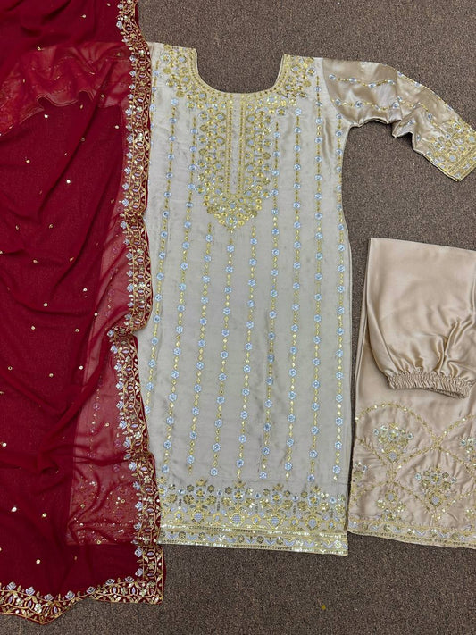 Launching New Super Hit Designer Collection: Fancy Heavy Embroidery with Sequins Work Kurti - Plazzo with Dupatta